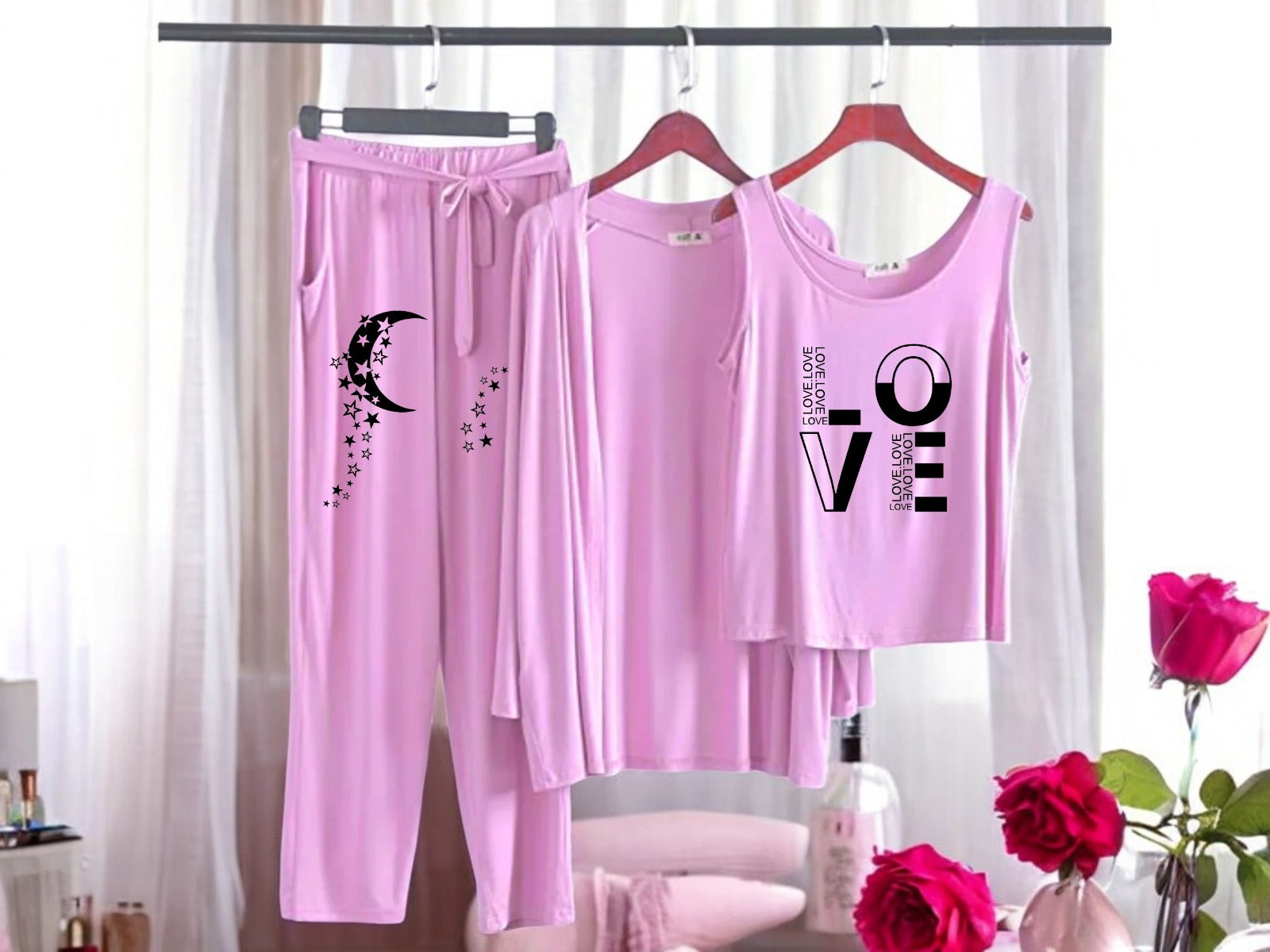 Baby Pink Color 3 Piece Night Wear