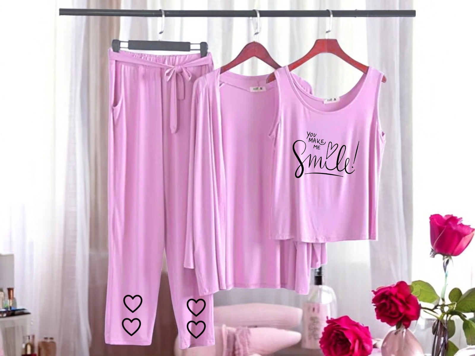 Baby Pink Color 3 Piece Night Wear